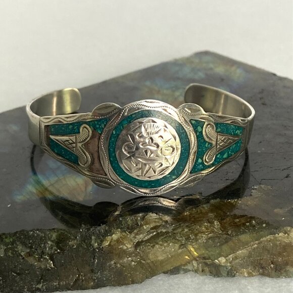 VTG Sterling Silver 925 Mexico Crushed Stone Aztec Cuff Bracelet FLAW Sz 6.25 - Picture 2 of 16